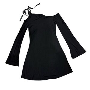 White Fox Black Off the Shoulder Long Sleeve Mini Dress Ribbon Tie Detail Size M
